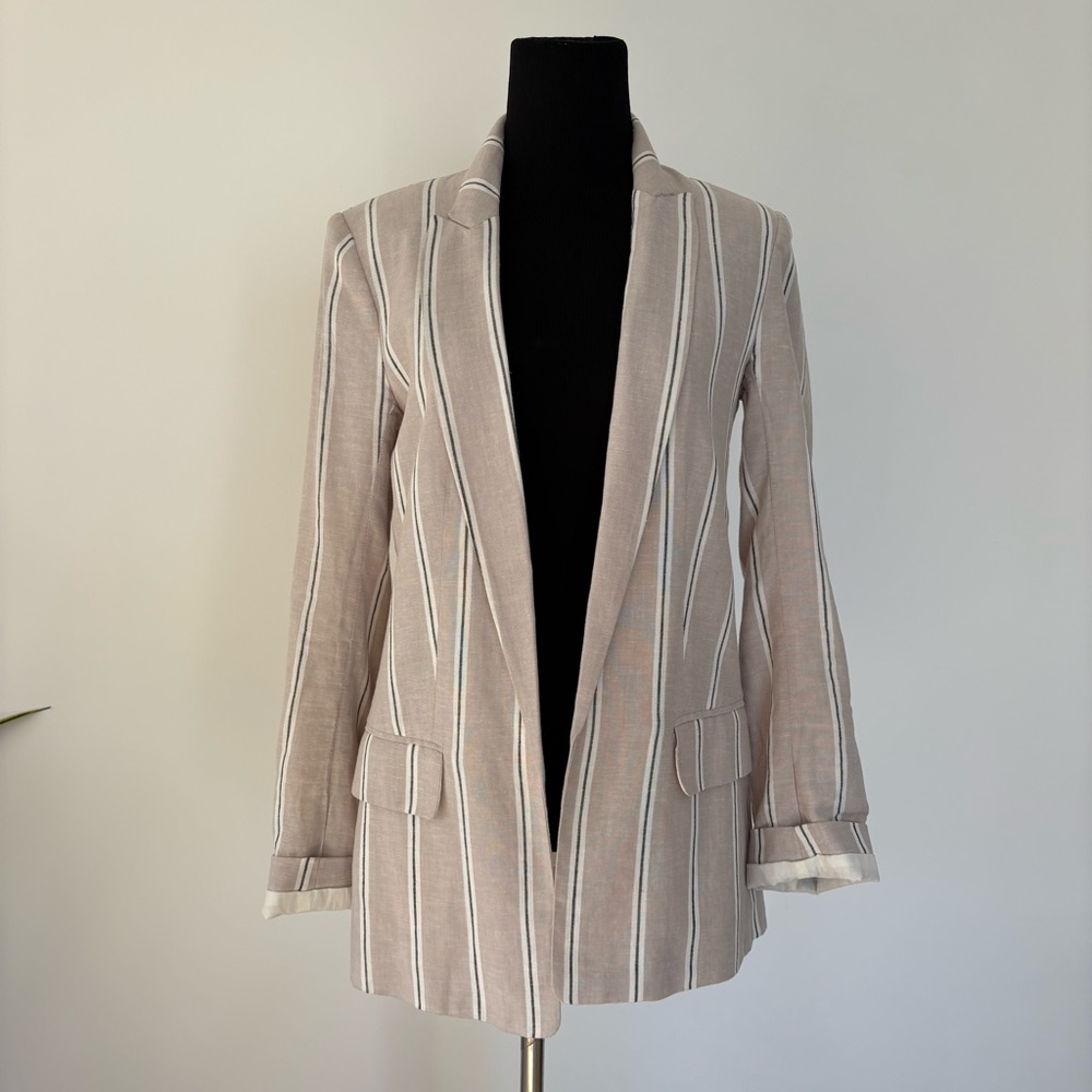 Beige white Linen blend stripe blazer. Pinstripe blaStriped Beige Women's Blazer
